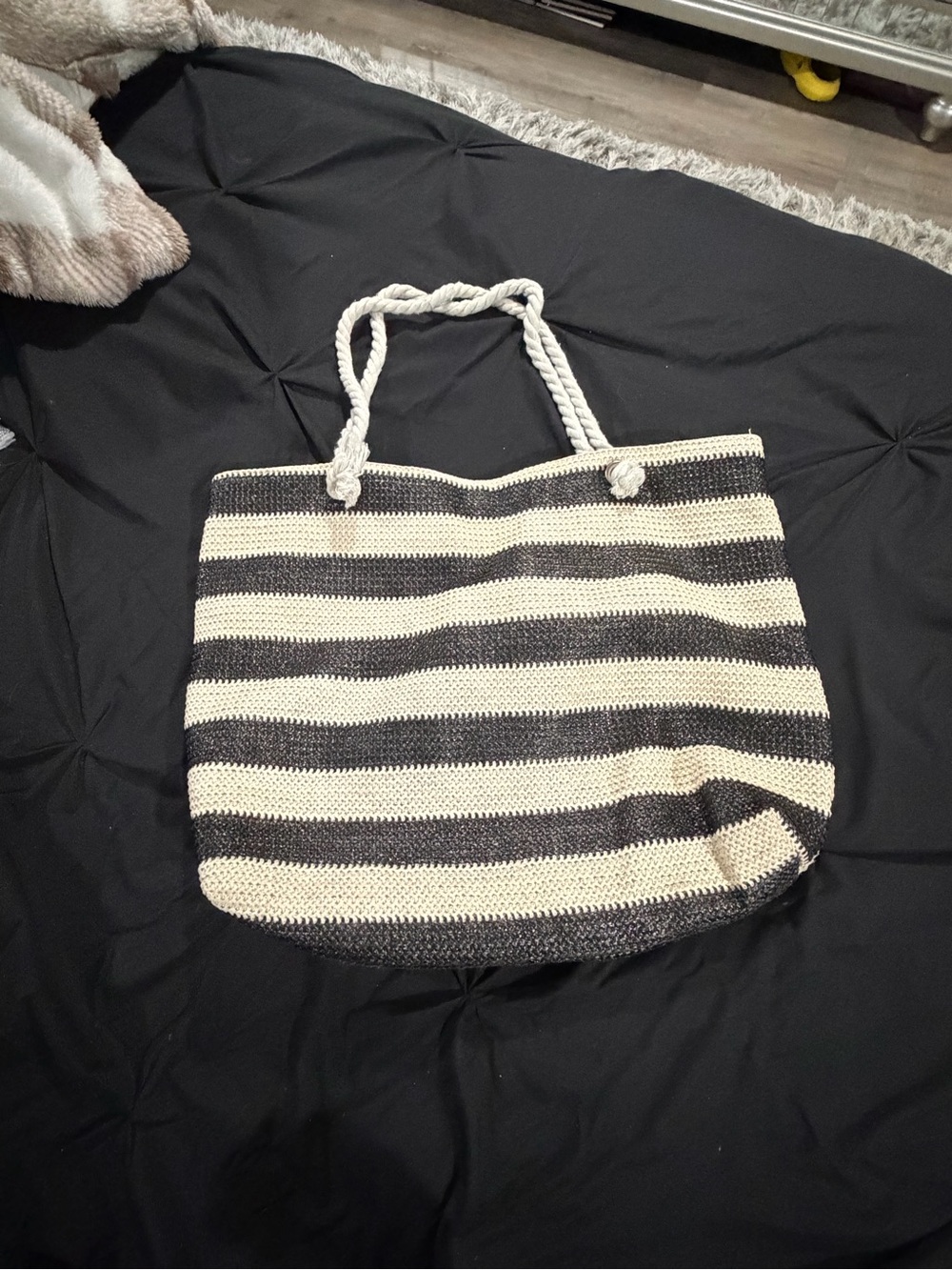 Striped Crochet Tote Bag with Rope Handles - Black & Cream